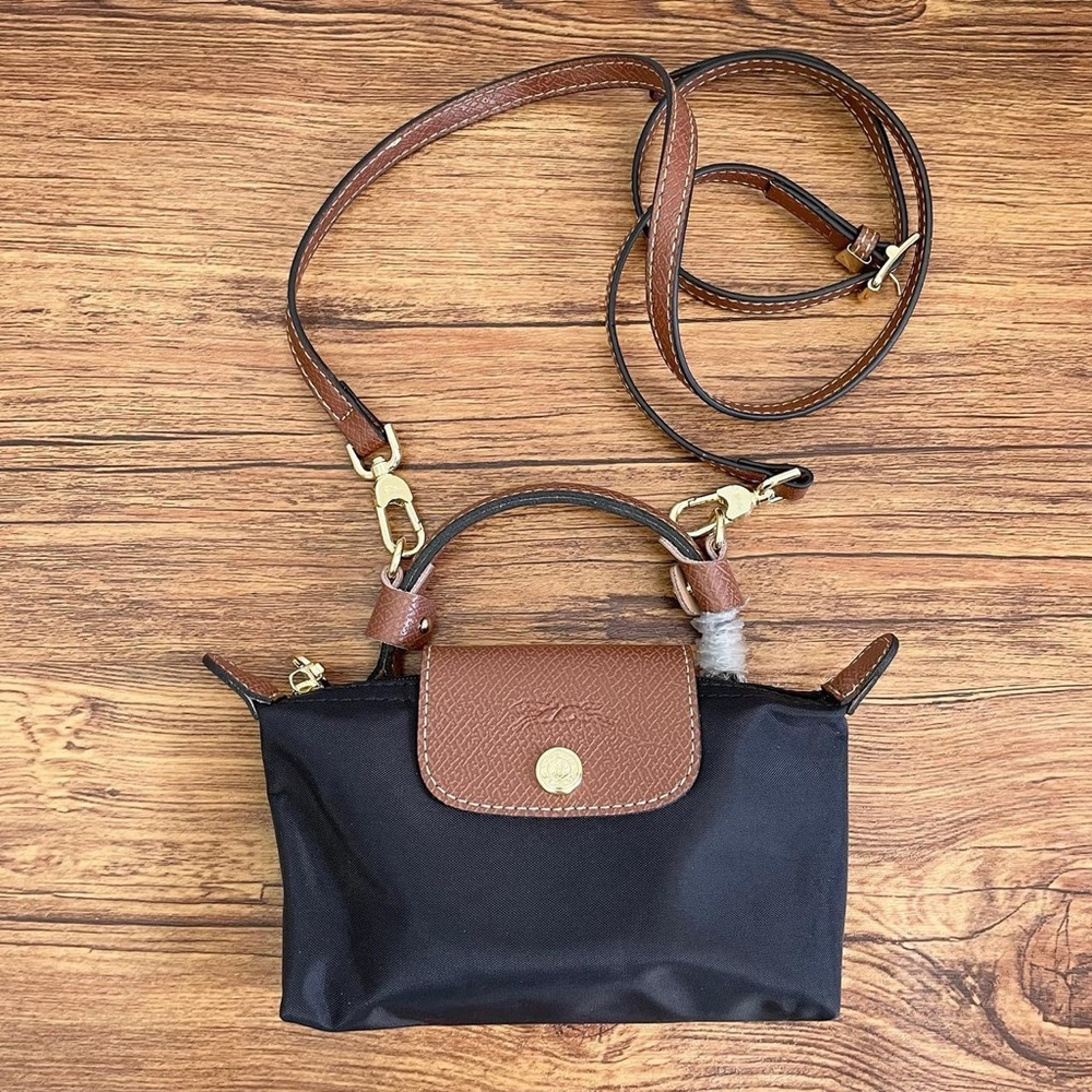 Longchamp Black Mini Top-Handle Bag with Brown Trim - Picture 8 of 10